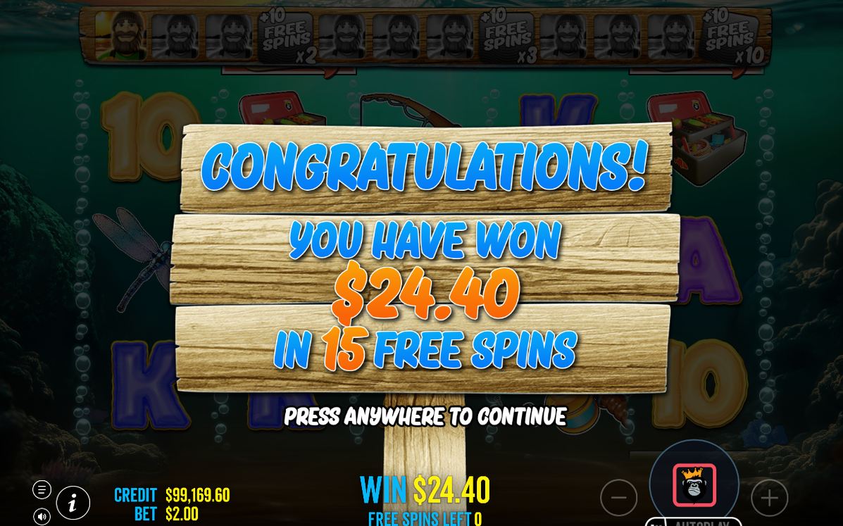 Win screen with MONEY values shown on the fish symbols