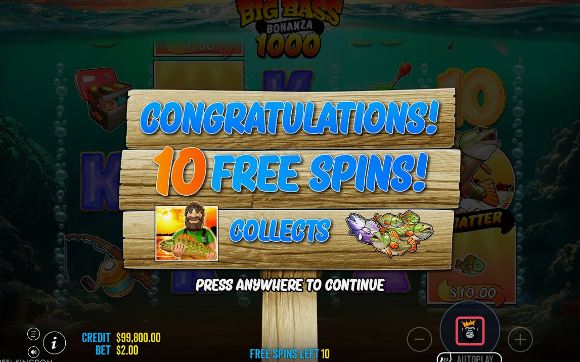 Free spins with WILD Fisherman active on all five reels